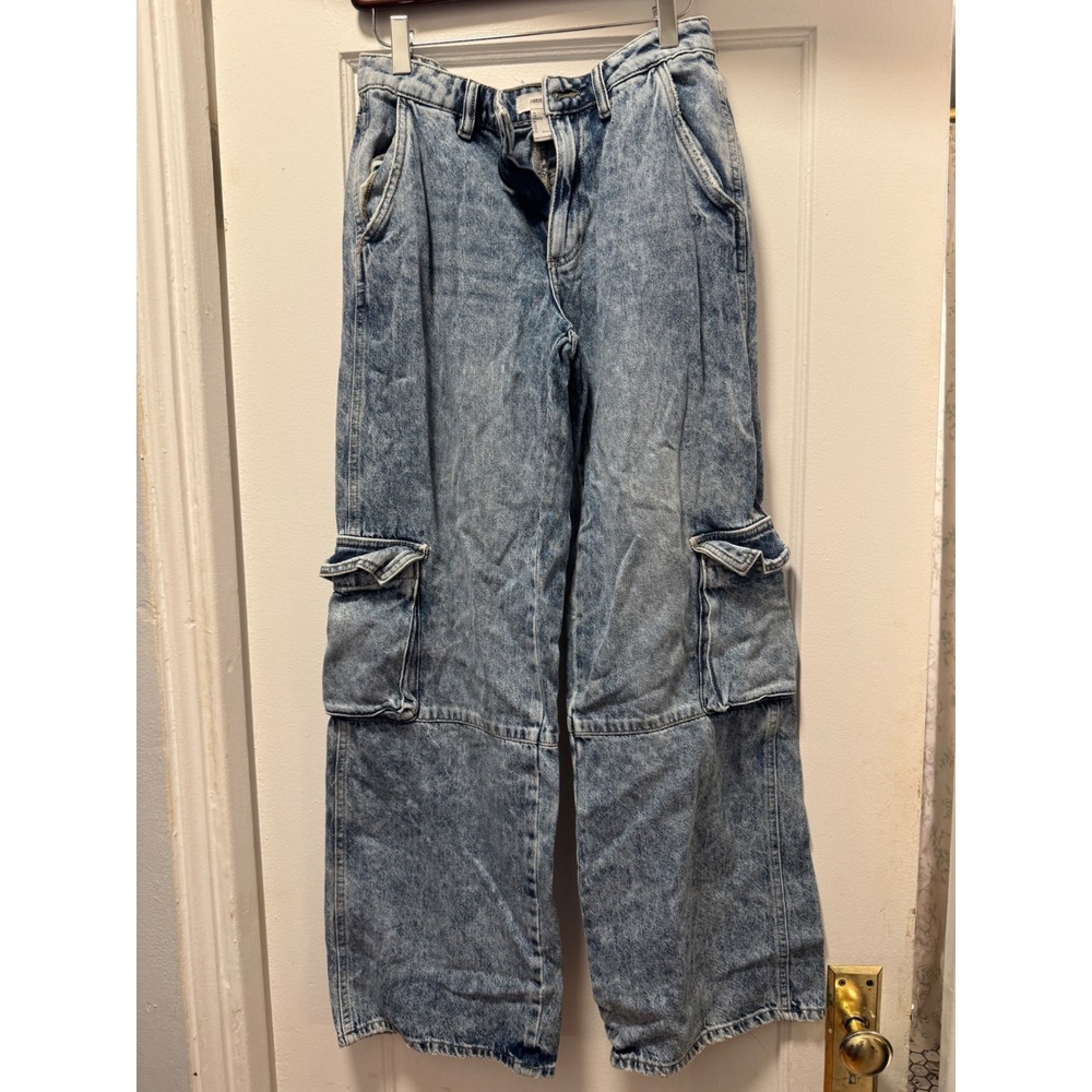Forever 21 Acid Wash Cargo Jeans Wide Leg Light‎ Blue Denim Womens Size S